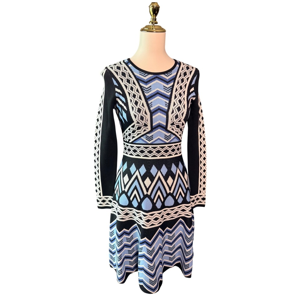Eliza J Womens Geometric Intarsia Knit Fit and Flare Sweater Dress Blue Black XS